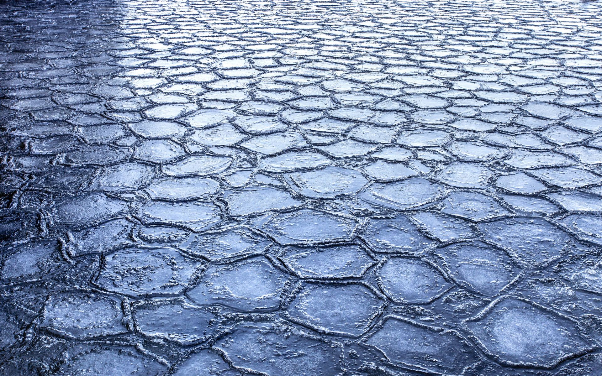 A large puddle of water that has ice on it