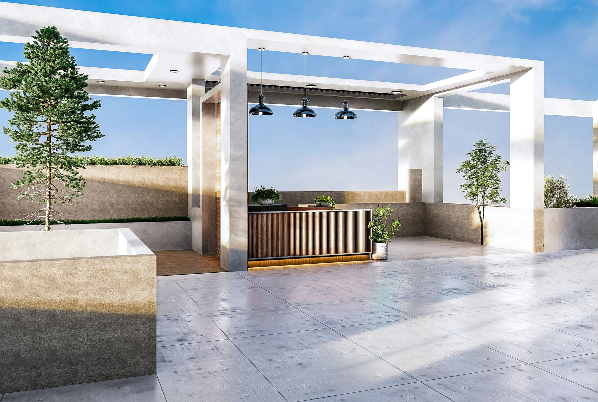 Modern outdoor lounge area with bar and plants